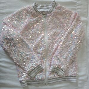 Girls More Than Magic White Sequin Full Zip Varsity Style Jacket Med 7/8